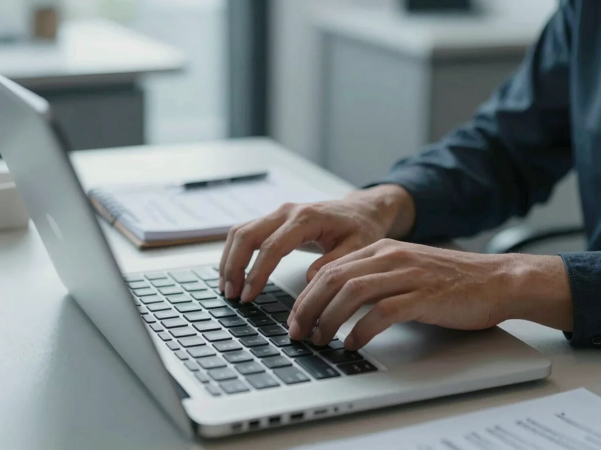 Editorial business photography: a close detail of hands typing on